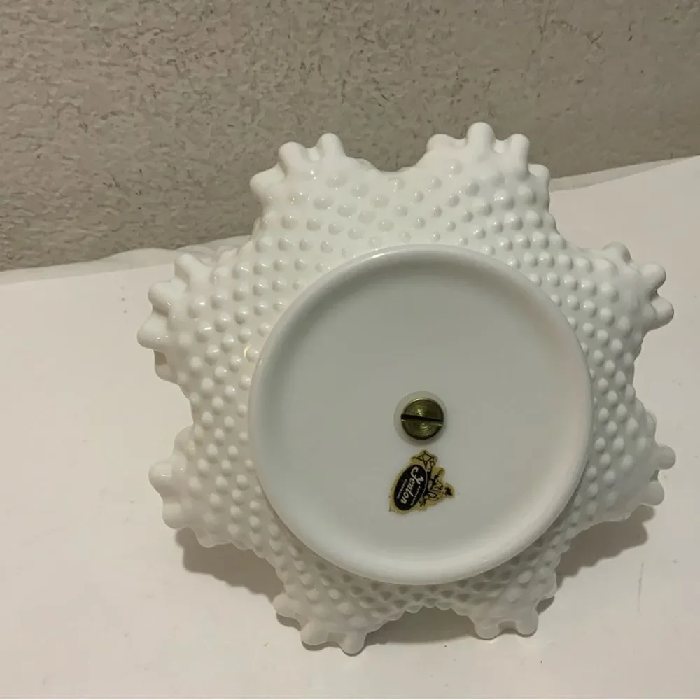 Fenton Vintage White Hobnail Ruffled Edge Milk Glass Candy Dish w/Silver Handle
